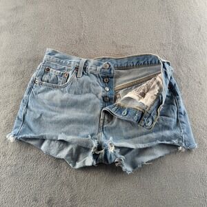 Levis 501 Jean Shorts Womens 29 Blue Light Wash Cut Off Frayed High Rise Button